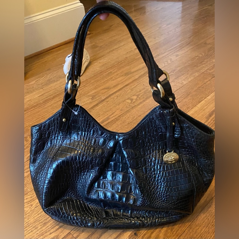 BRAHMIN Thelma Melbourne Croc Embossed Black Leather Tote Hobo Bag